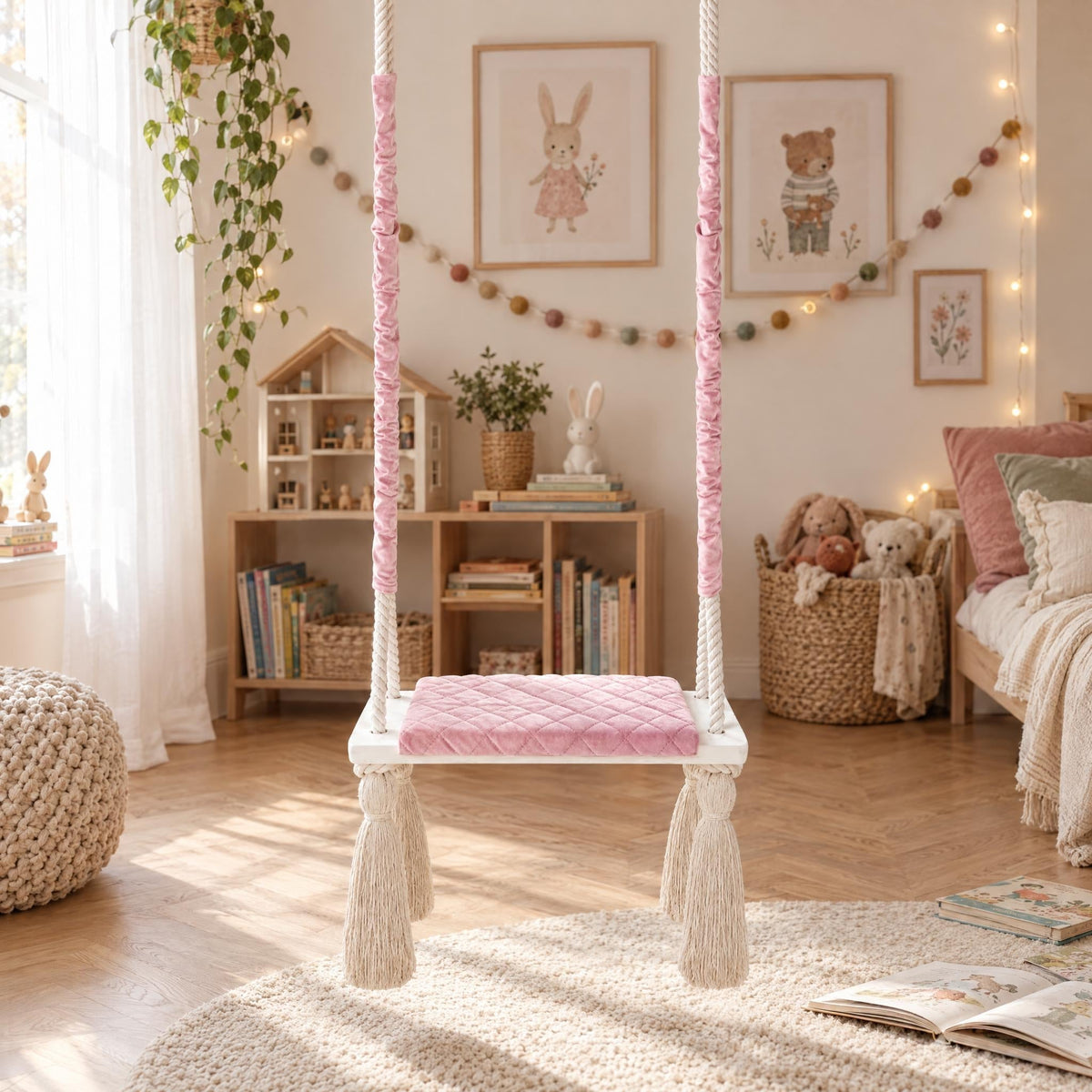 Balançoire enfant planche bois et velours rose, suspendue dans une chambre d'enfant lumineuse