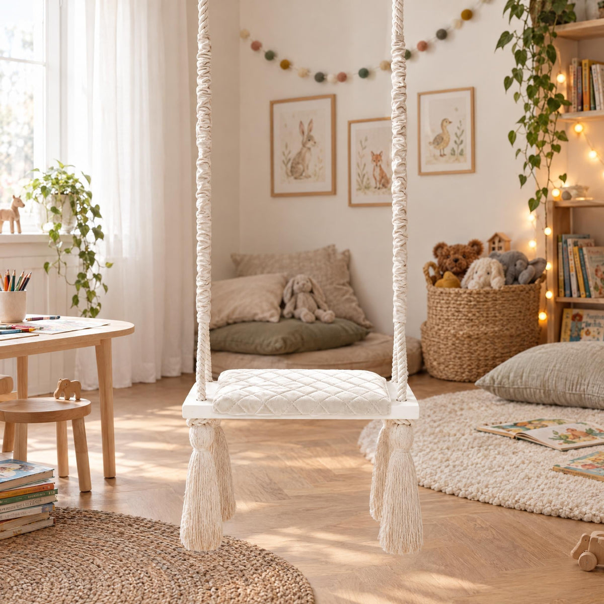 Balançoire enfant planche bois et velours beige, suspendue dans une chambre d'enfant lumineuse