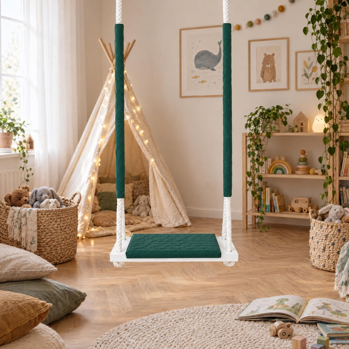Balançoire enfant planche bois imperméable vert foncé, suspendue dans une chambre d'enfant lumineuse