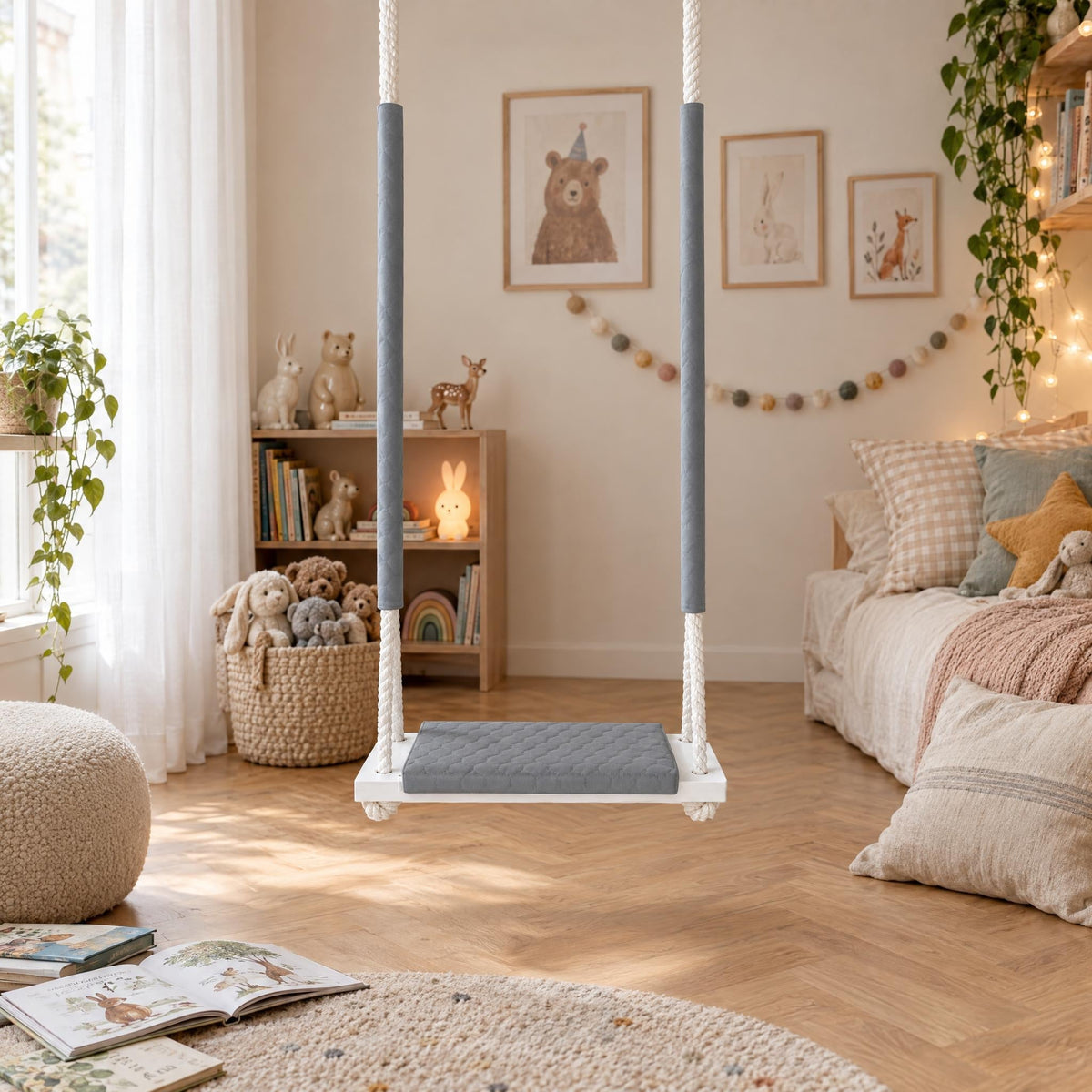 Balançoire enfant planche bois imperméable gris clair, suspendue dans une chambre d'enfant lumineuse
