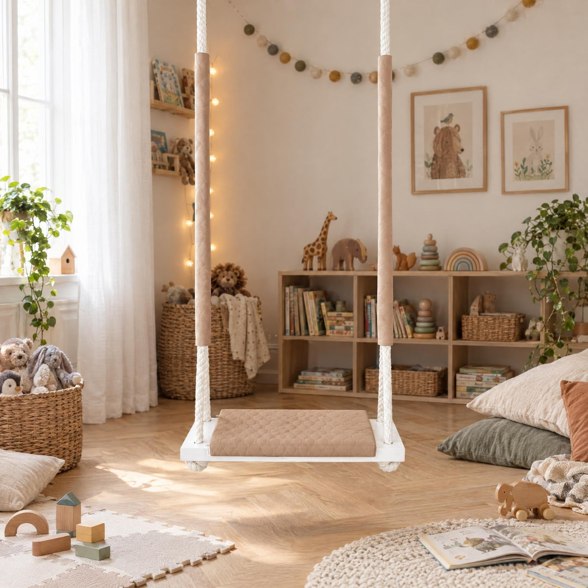Balançoire enfant planche bois imperméable beige, suspendue dans une chambre d'enfant lumineuse