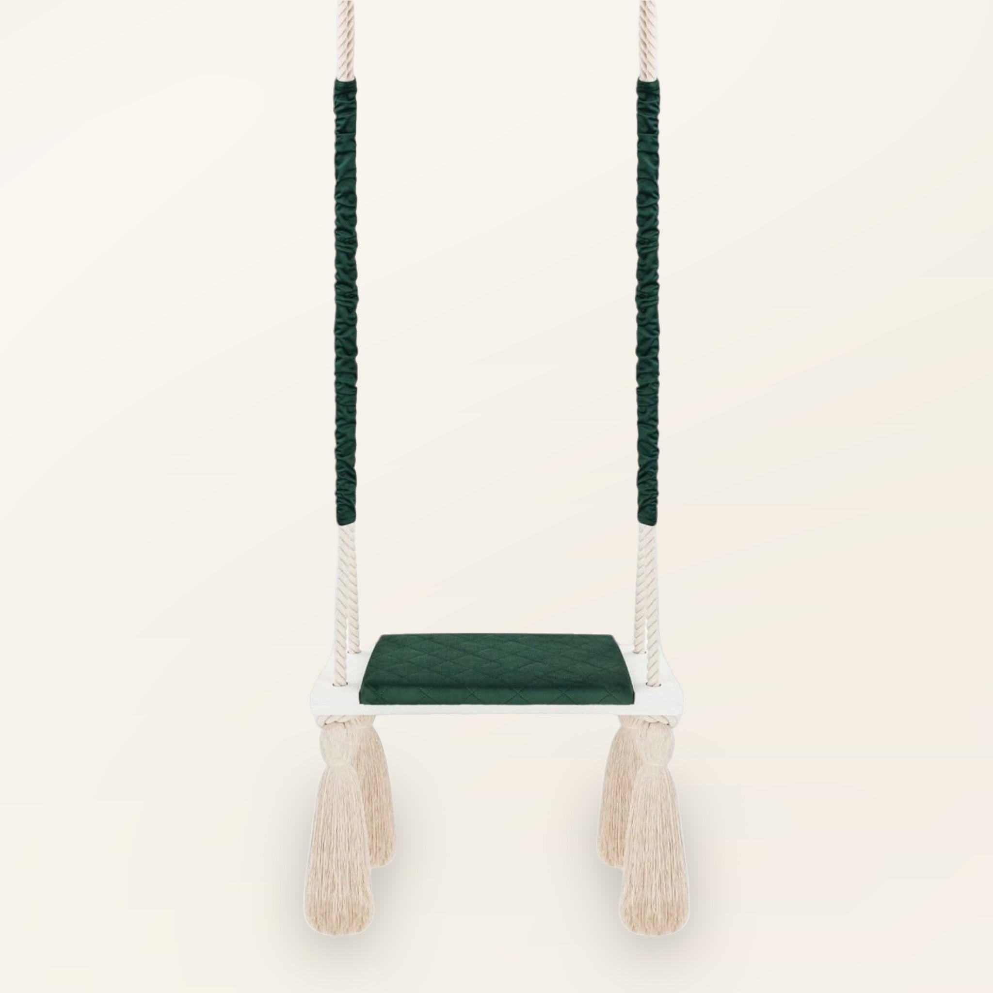 Balançoire enfant planche bois et velours vert, vue de face avec coussin d'assise matelassé