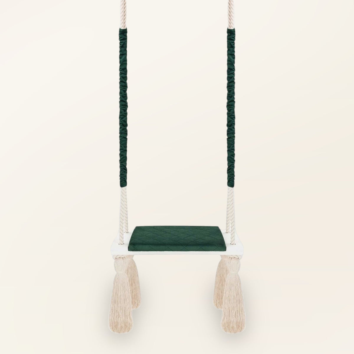 Balançoire enfant planche bois et velours vert, vue de face avec coussin d'assise matelassé
