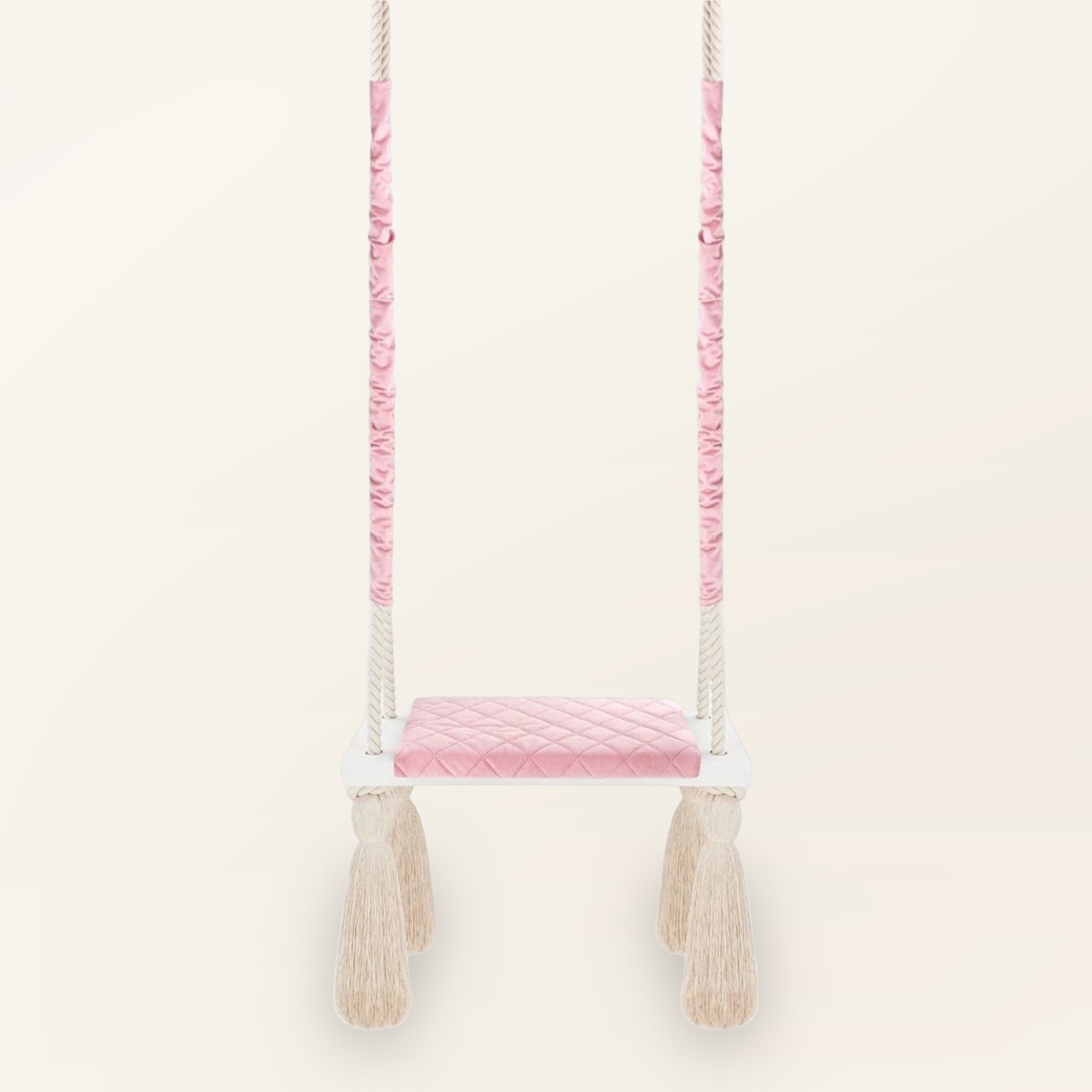 Balançoire enfant planche bois et velours rose, vue de face avec coussin d'assise matelassé