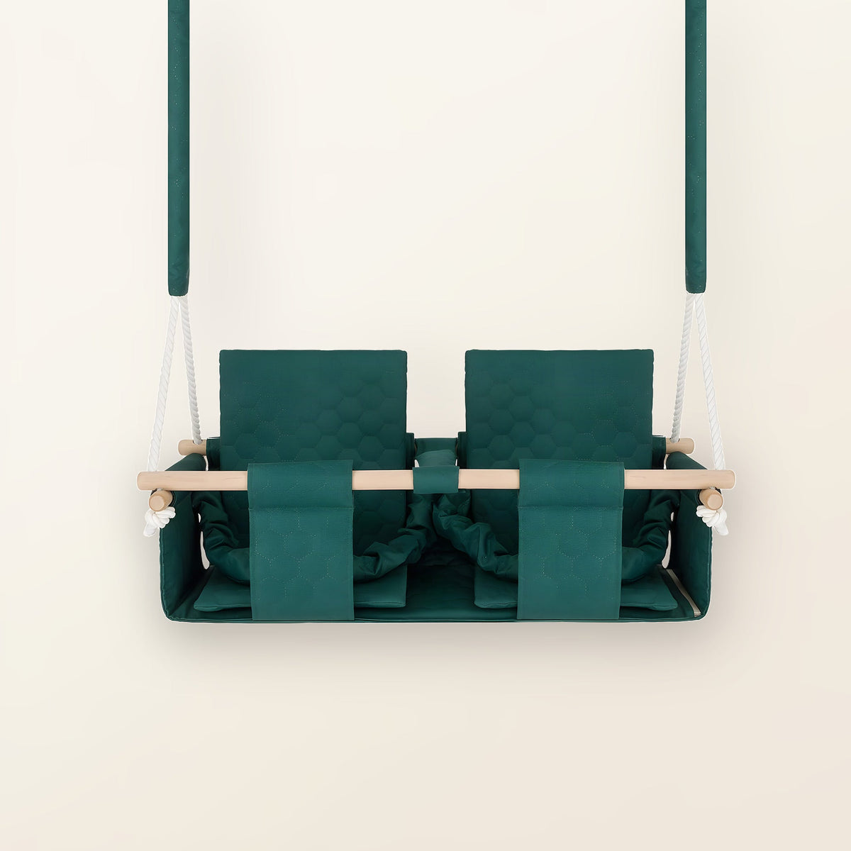 Balançoire double jumeaux imperméable vert foncé, vue de face : double siège, cordes blanches et barre en bois