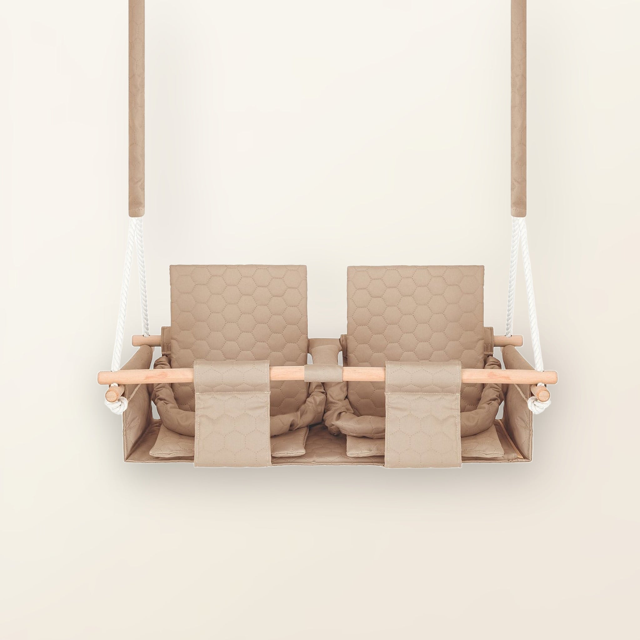 Balançoire double jumeaux imperméable beige, vue de face : double siège, cordes blanches et barre en bois