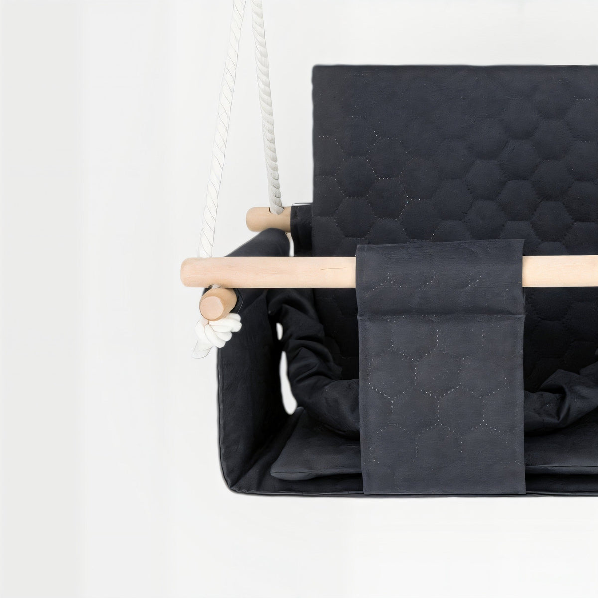 Balançoire double jumeaux imperméable gris foncé, détail du bois et des cordes