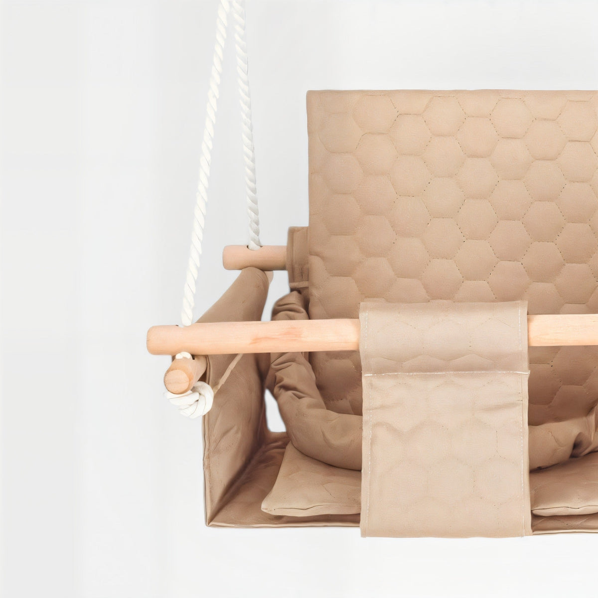 Balançoire double jumeaux imperméable beige, détail du bois et des cordes