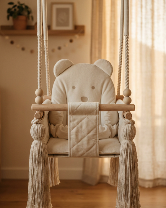 Balançoire bébé en velours beige dans une chambre d'enfant