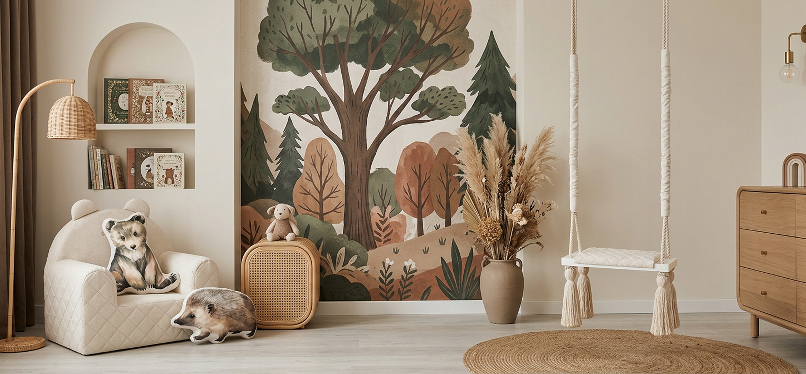 Chambre d'enfant thème forêt avec fauteuil ourson, coussins et balançoire planche