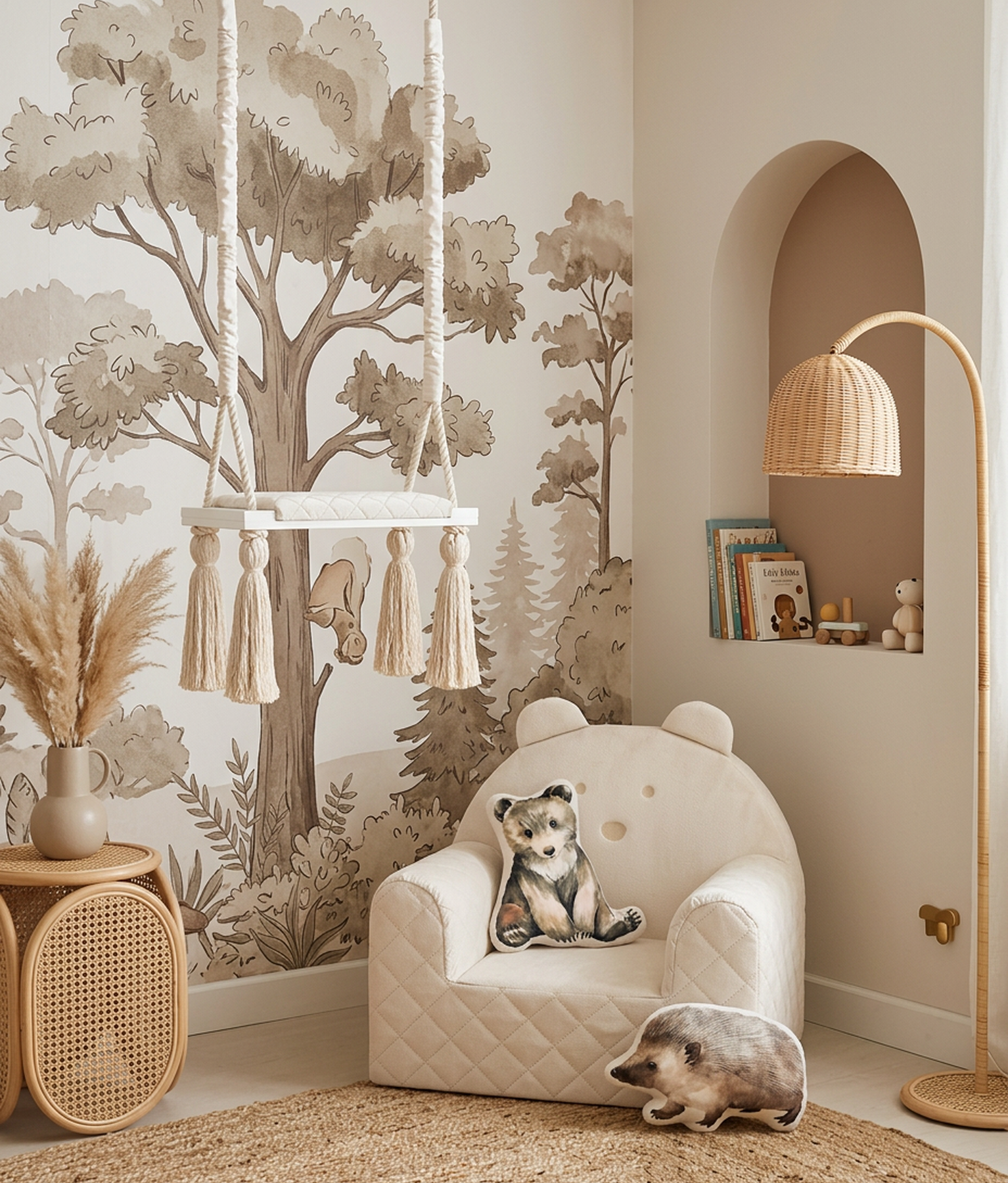 Chambre d'enfant thème forêt avec fauteuil ourson, coussins et balançoire planche