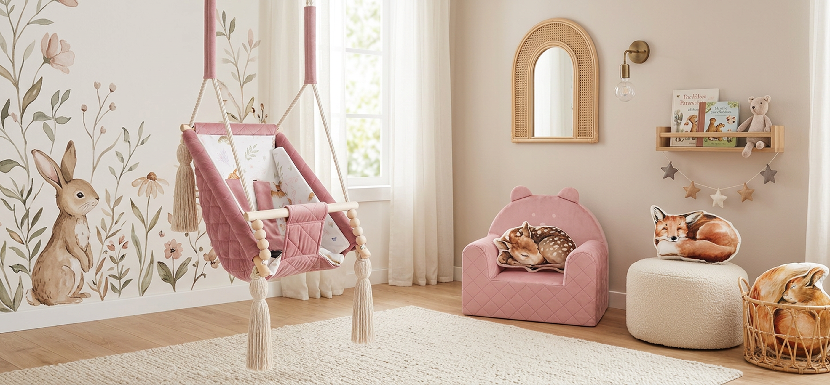 Chambre d'enfant rose avec hamac bébé, fauteuil ourson et coussins animaux