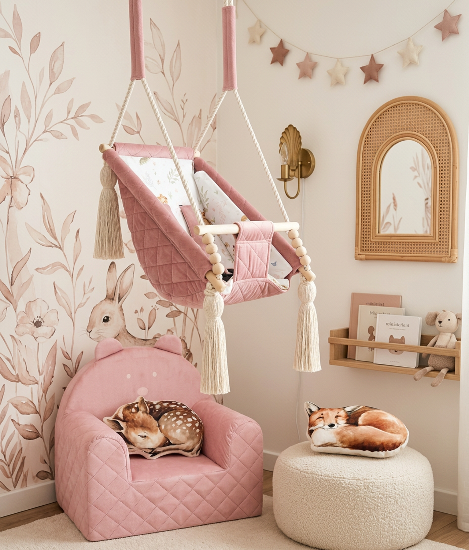 Chambre d'enfant rose avec hamac bébé, fauteuil ourson et coussins animaux
