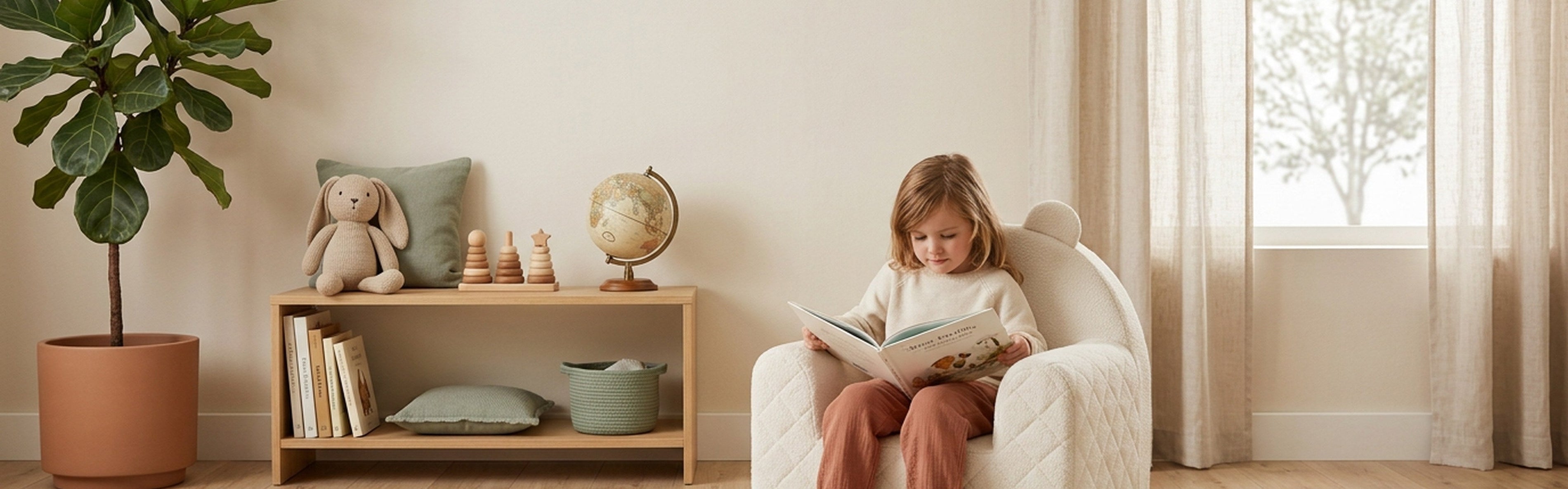 Enfant qui lit un livre dans un fauteuil bébé ourson en velours beige