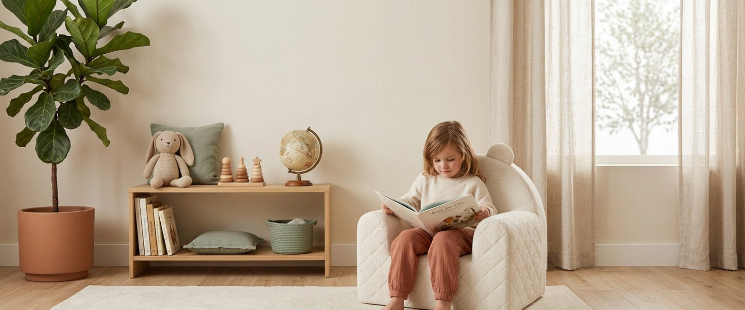 Enfant qui lit un livre dans un fauteuil bébé ourson en velours beige