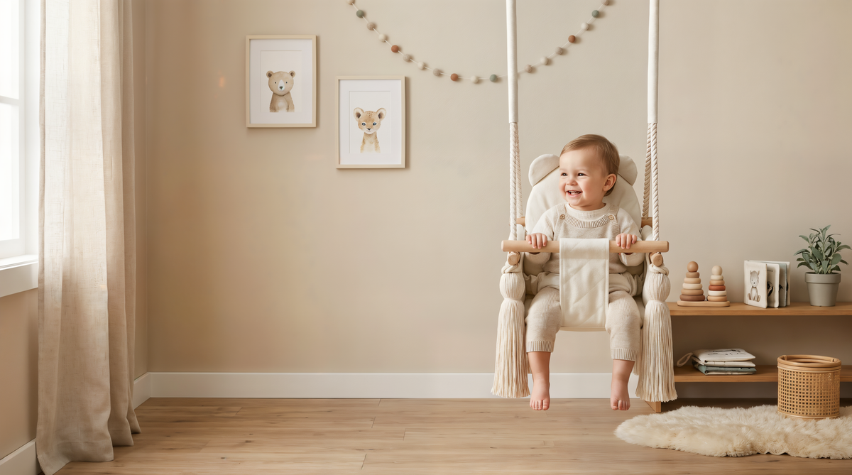 Enfant souriant sur une balançoire bébé en velours beige dans une chambre lumineuse