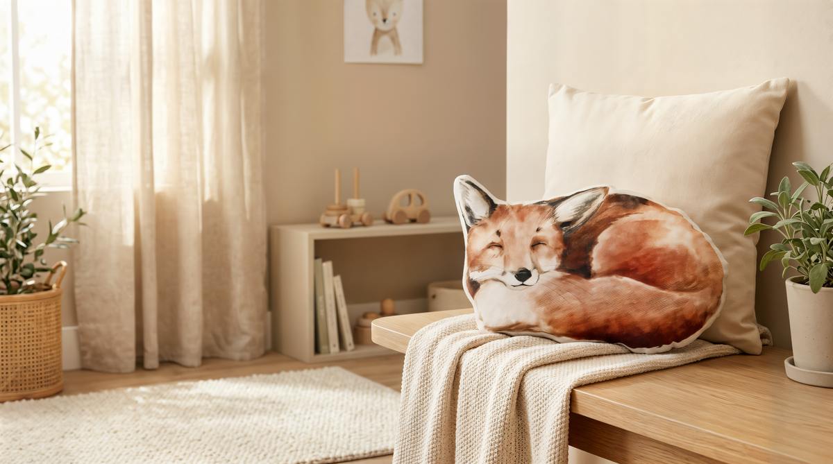Coussin enfant renard en velours sur un banc dans une chambre d'enfant