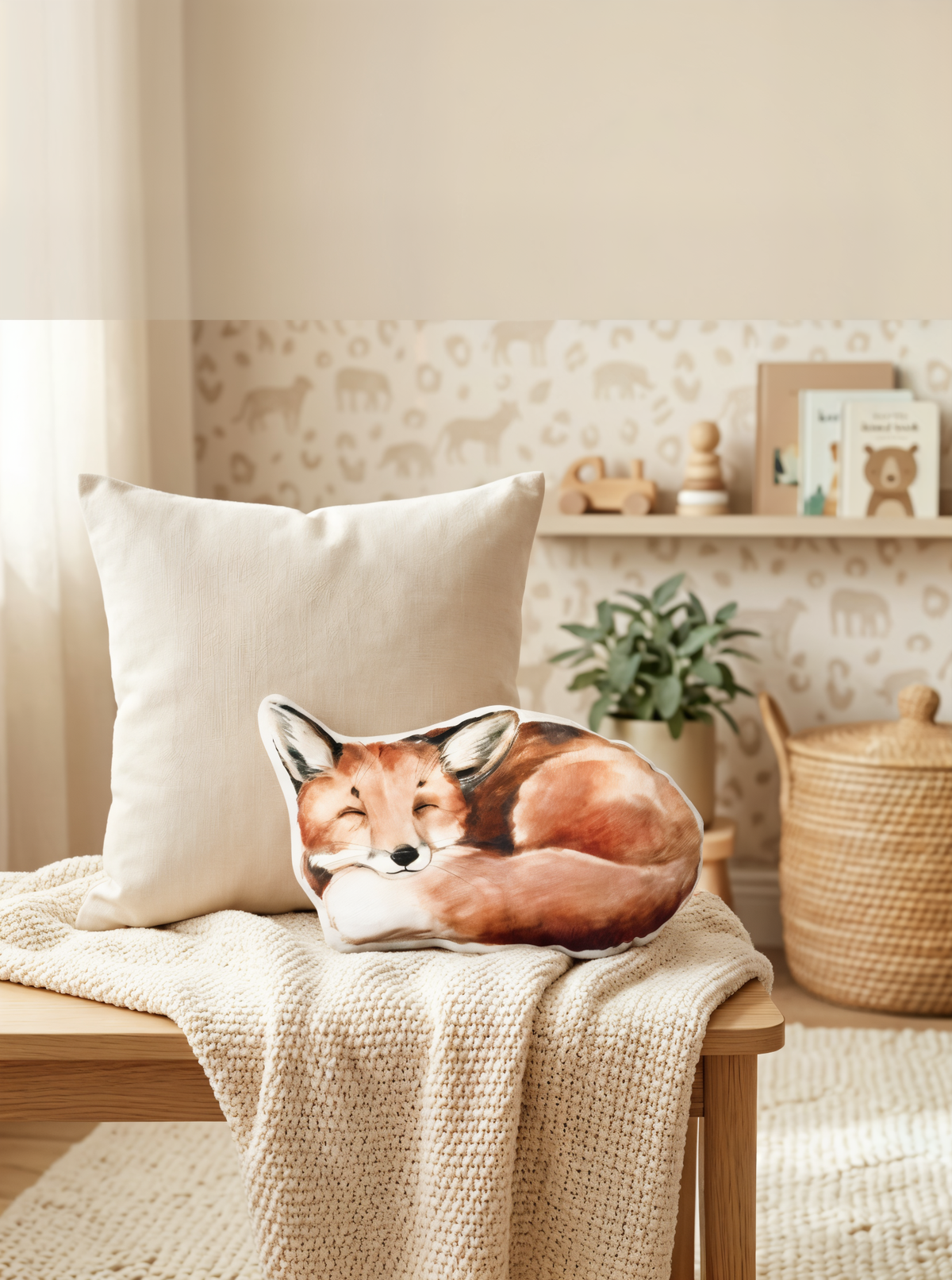 Coussin enfant renard en velours sur un banc dans une chambre d'enfant