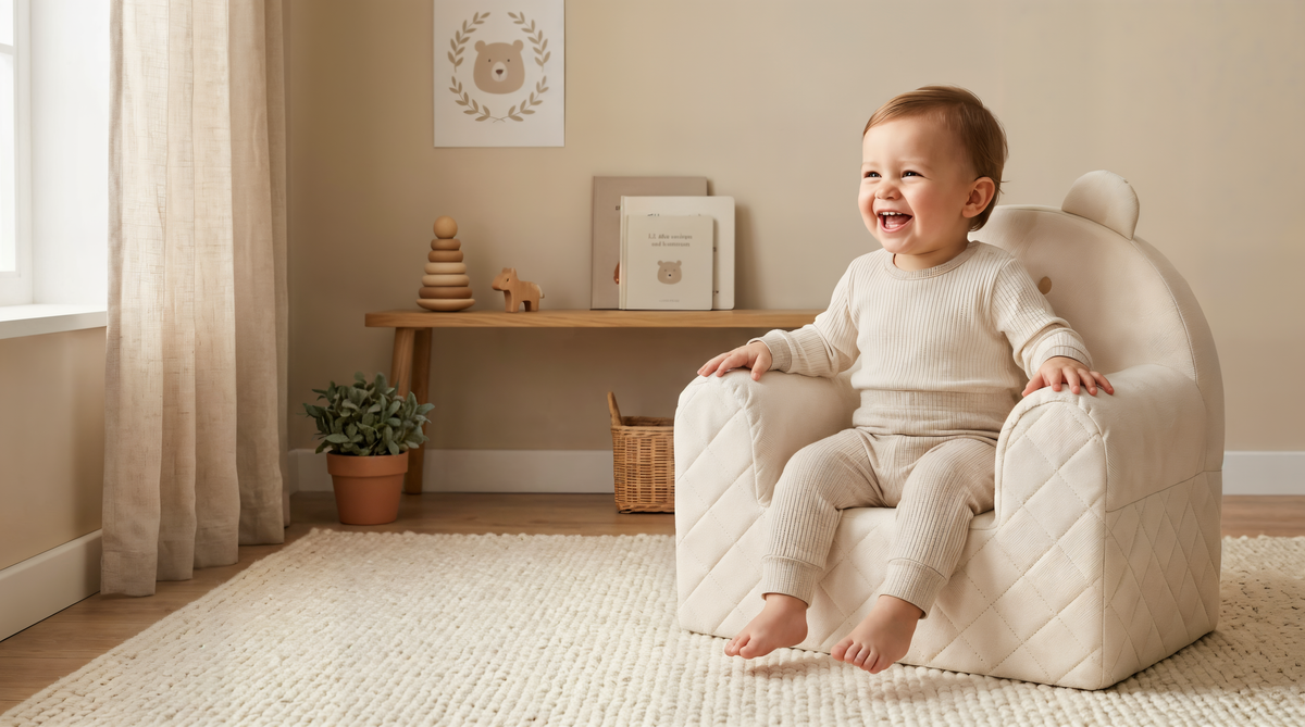 Enfant assis dans un fauteuil bébé ourson en velours beige