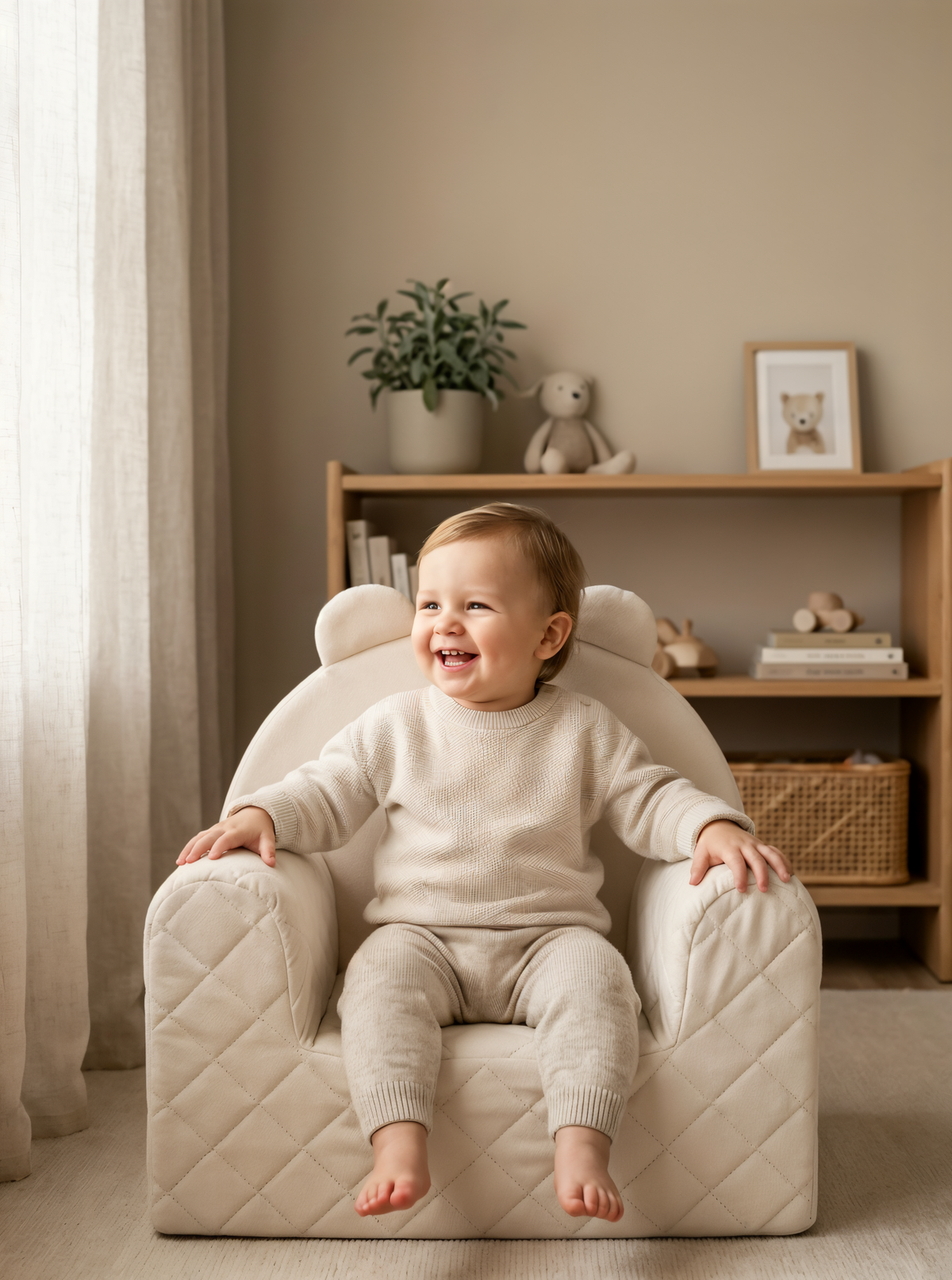 Enfant assis dans un fauteuil bébé ourson en velours beige