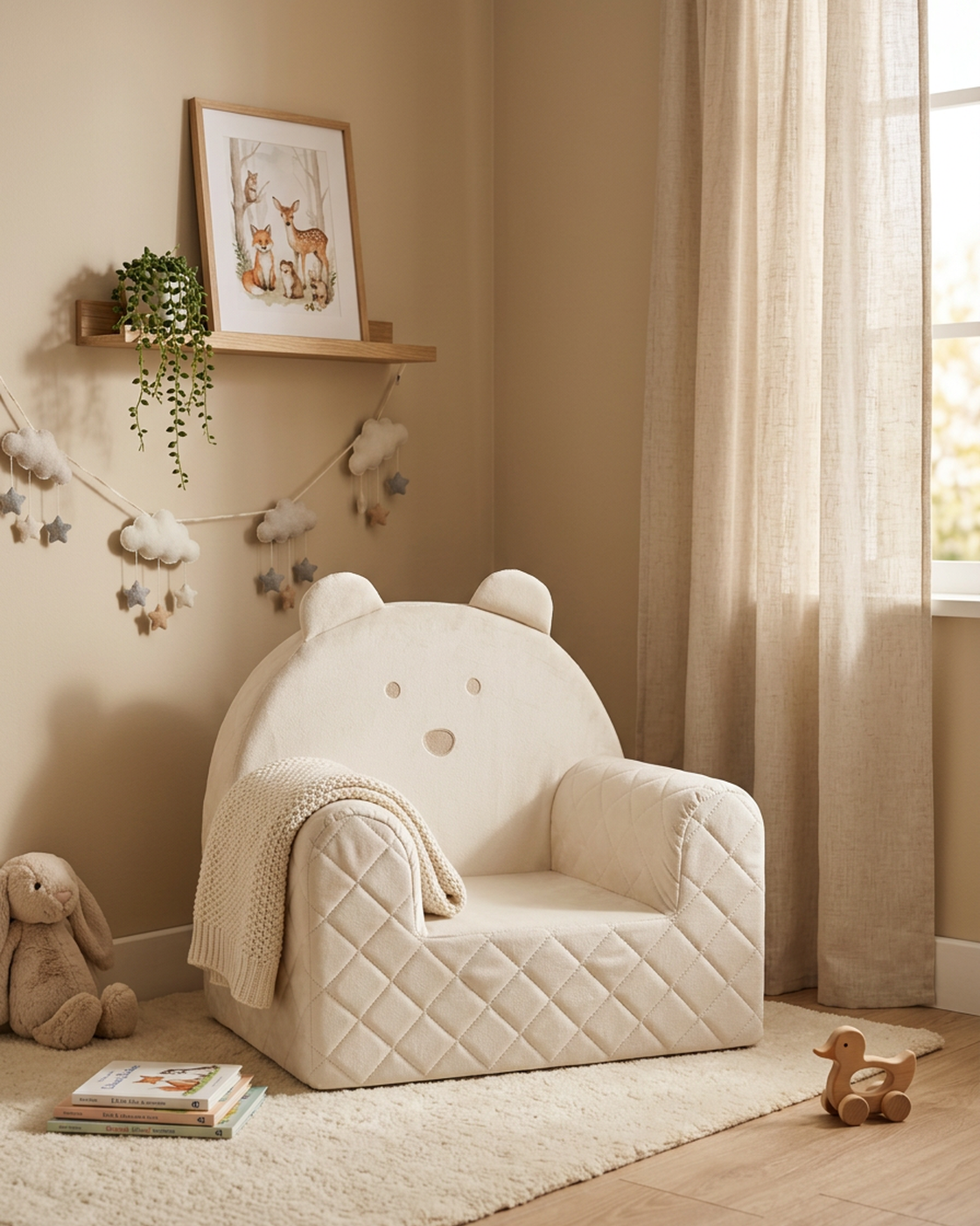 Fauteuil bébé ourson en velours beige dans une chambre d'enfant