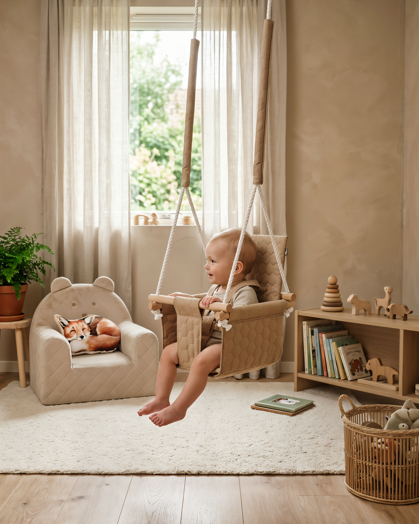 Enfant sur une balançoire bébé imperméable beige dans une chambre lumineuse