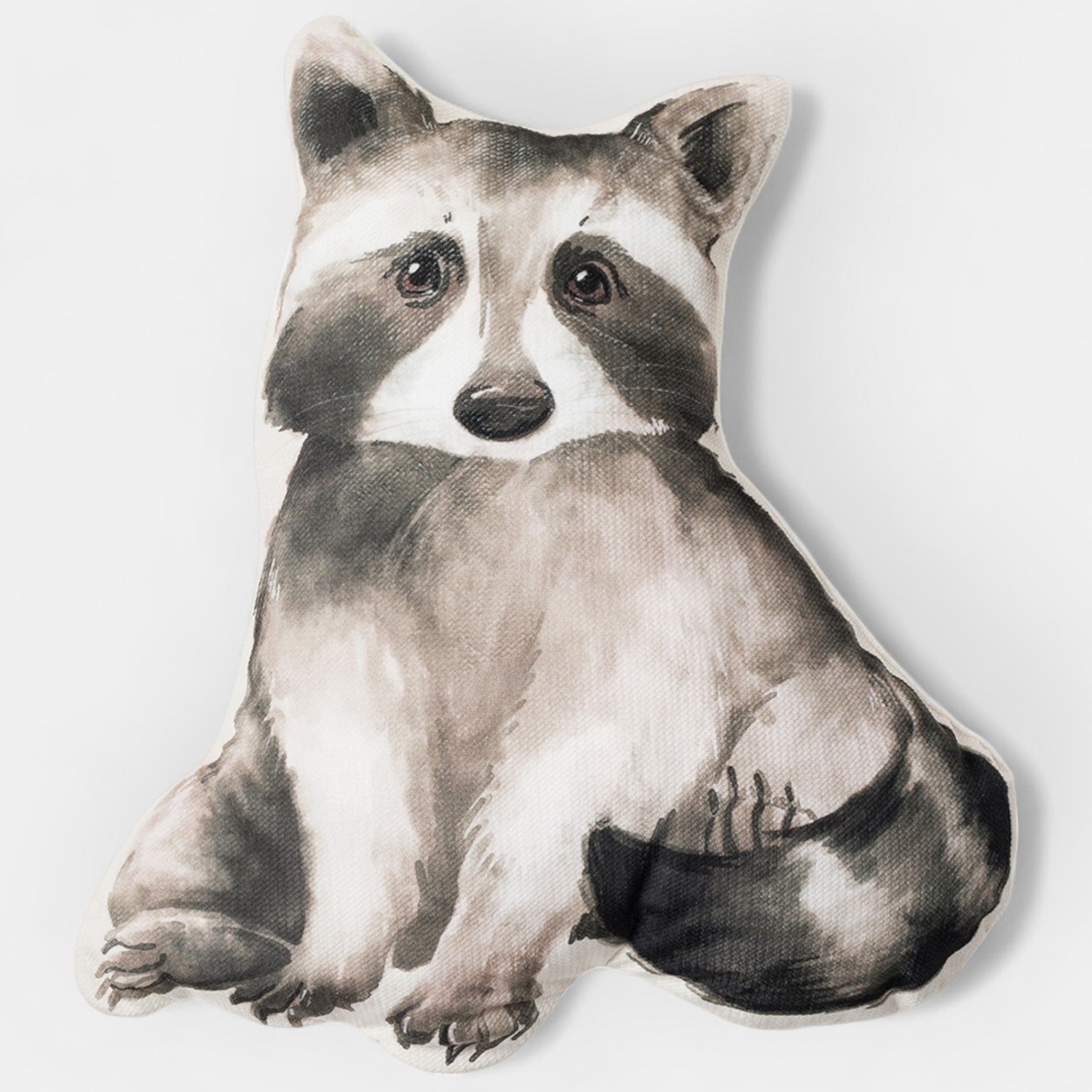 Coussin enfant raton laveur en velours, vue d'ensemble du motif illustré