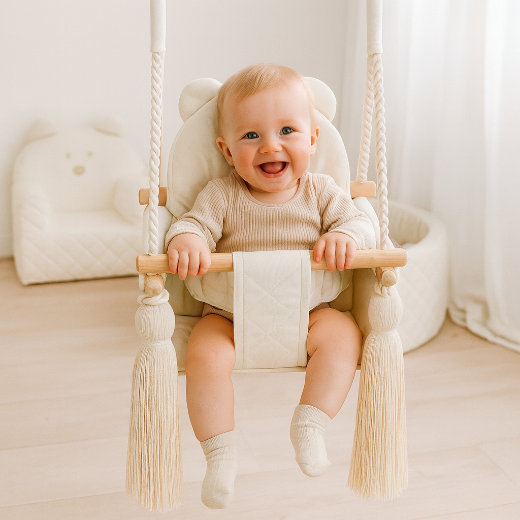 Balançoire bébé intérieur en velours beige avec harnais – vue 7