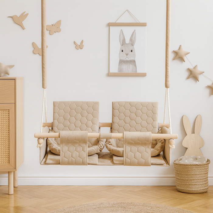 Balançoire Double Jumeaux Bois Beige Imperméable Résistante Salissures avec Sangles Sécurité