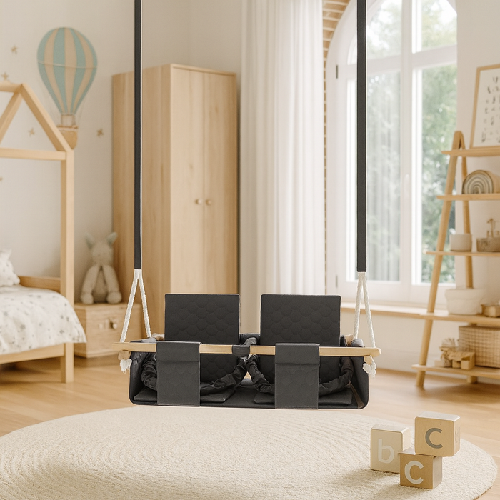 Balançoire Double Jumeaux Bois Gris Foncé Imperméable Résistante Salissures avec Sangles Sécurité