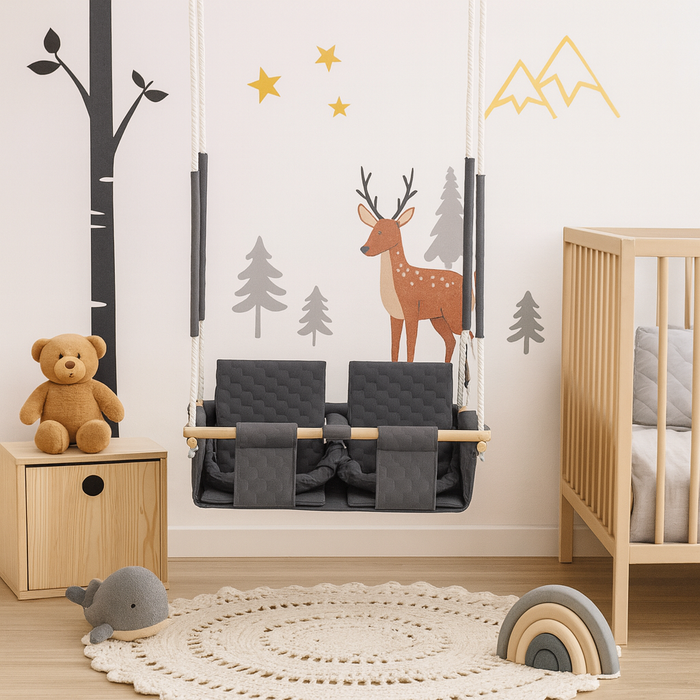 Balançoire Double Jumeaux Bois Gris Foncé Imperméable Résistante Salissures avec Sangles Sécurité