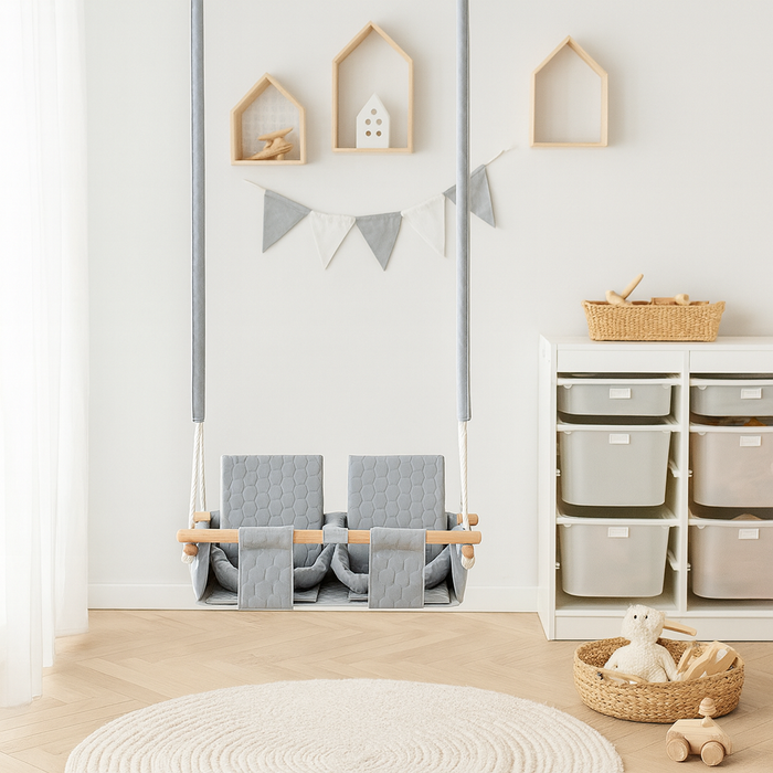 Balançoire Double Jumeaux Bois Gris Imperméable Résistante Salissures avec Sangles Sécurité