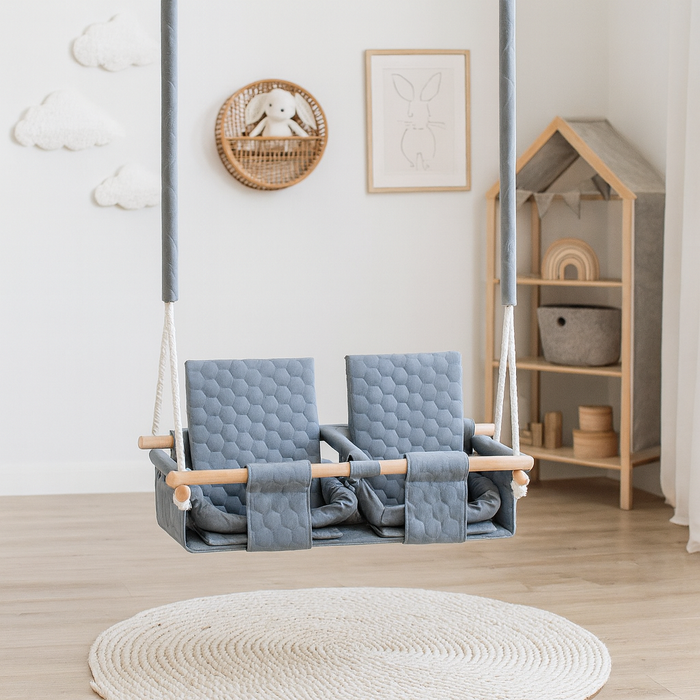 Balançoire Double Jumeaux Bois Gris Imperméable Résistante Salissures avec Sangles Sécurité