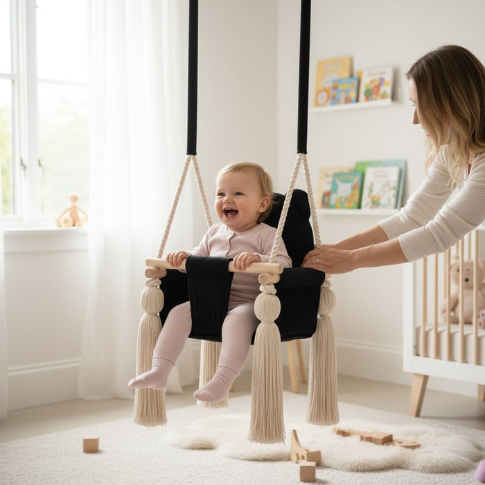 Balançoire Enfant Intérieur Noir Velours Siège Berçant avec Harnais de Sécurité