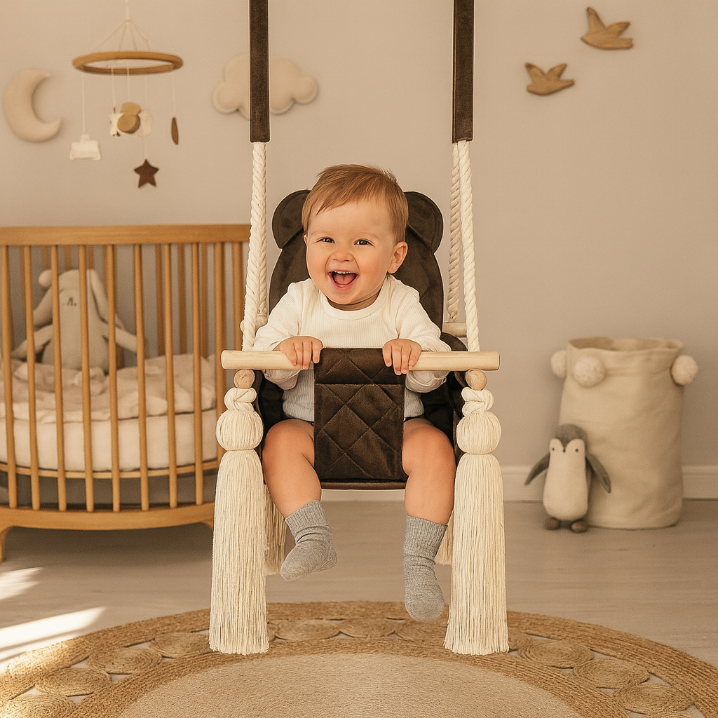 Balançoire bébé intérieur en velours marron avec harnais – vue 6