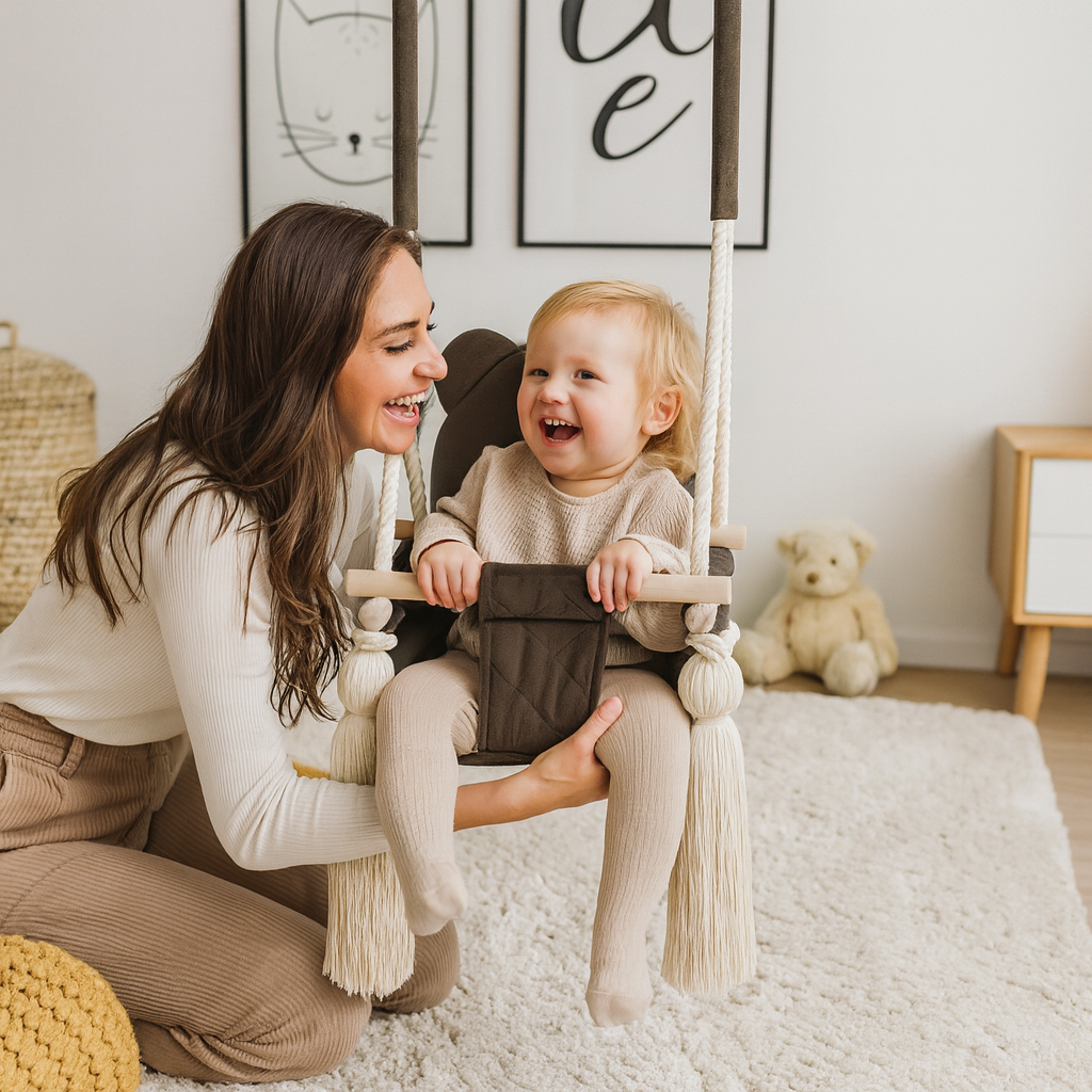 Balançoire bébé intérieur en velours marron avec harnais – vue 4