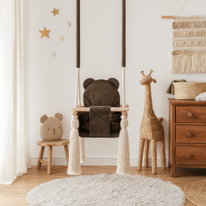 Balançoire Enfant Intérieur Marron Velours Siège Berçant avec Harnais de Sécurité