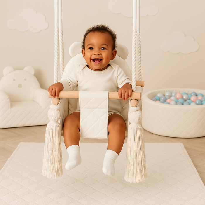Balançoire Enfant Intérieur Beige Velours Siège Berçant avec Harnais de Sécurité