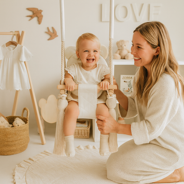Balançoire Enfant Intérieur Beige Velours Siège Berçant avec Harnais de Sécurité
