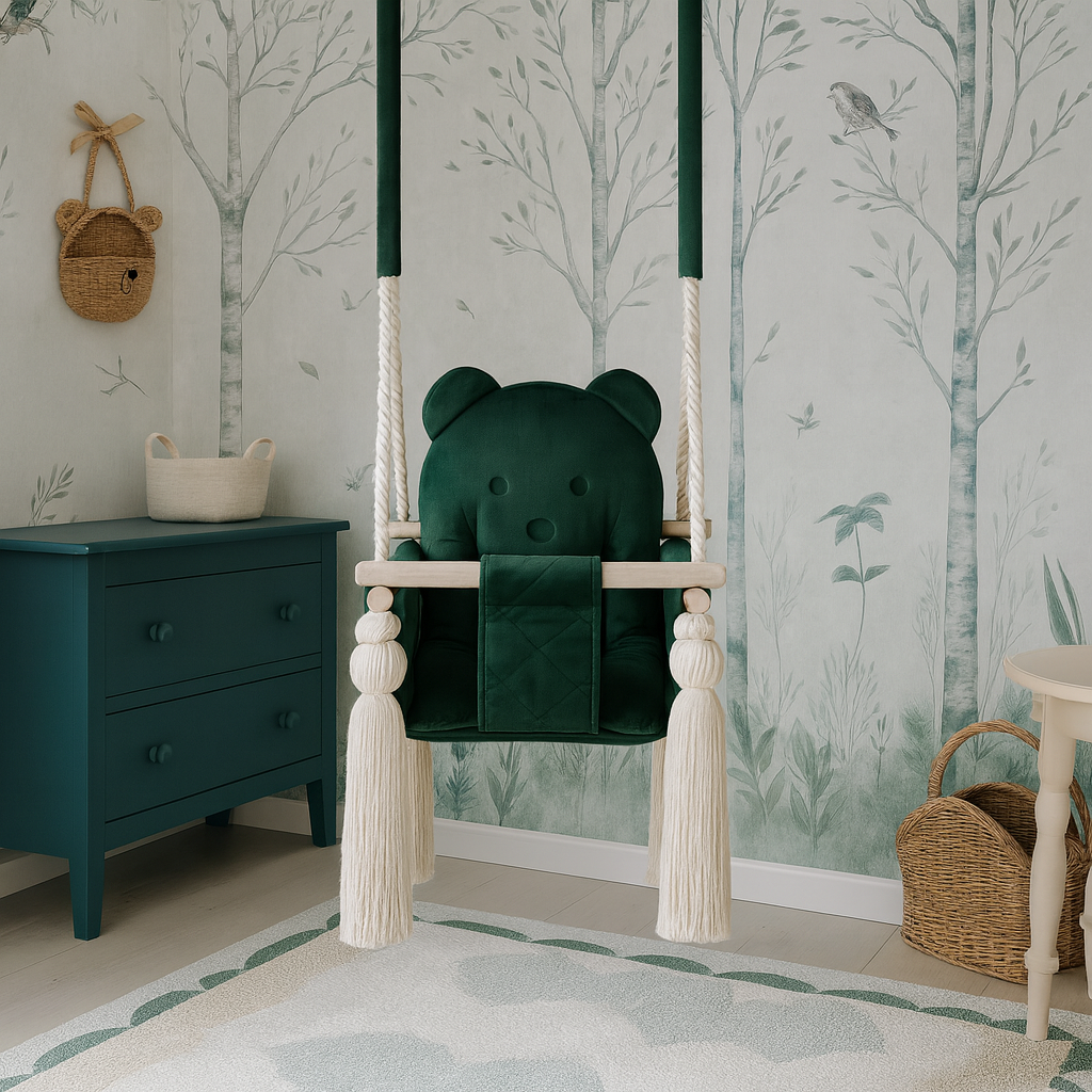 Balançoire bébé intérieur en velours vert avec harnais – vue 5