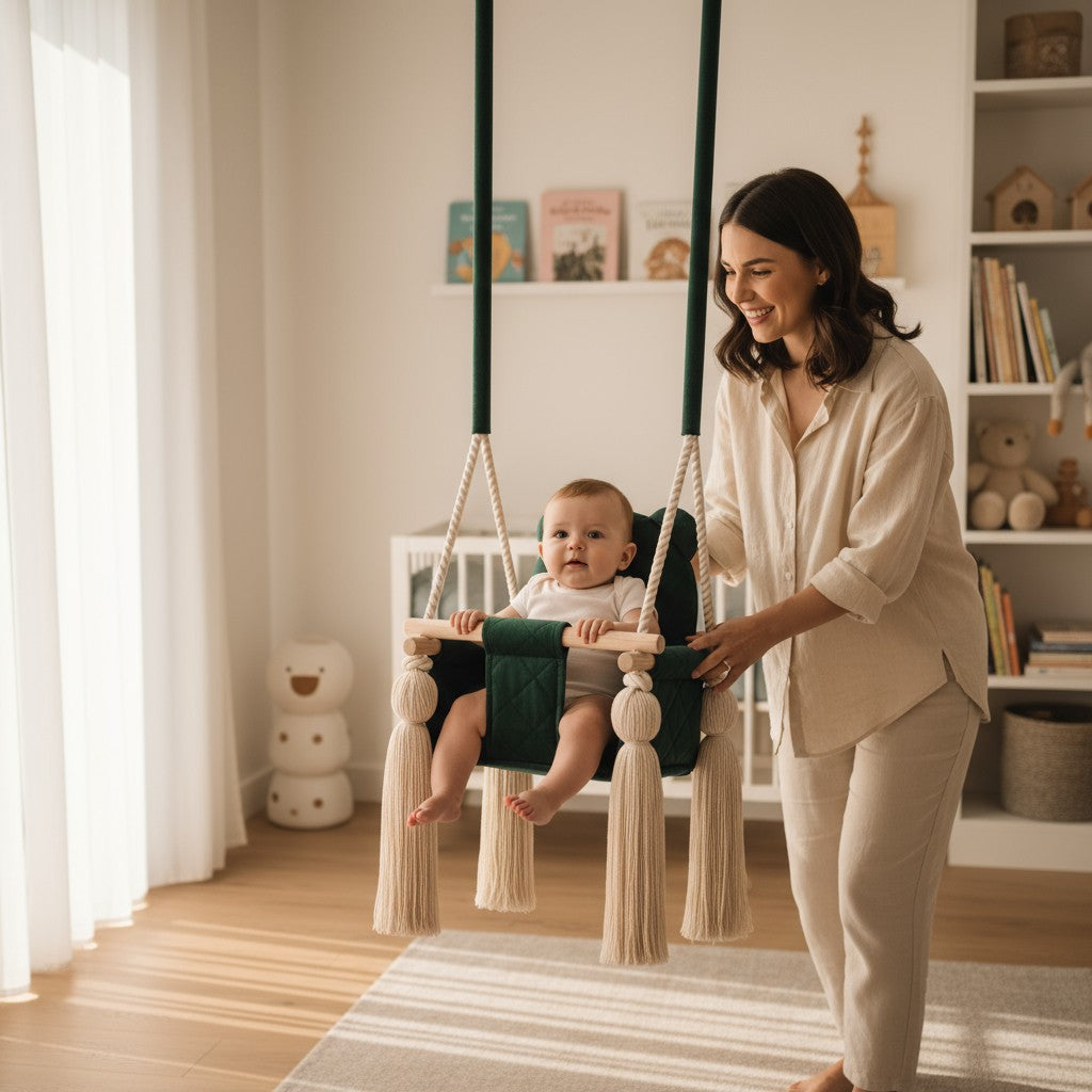 Balançoire bébé intérieur en velours vert avec harnais – vue 6