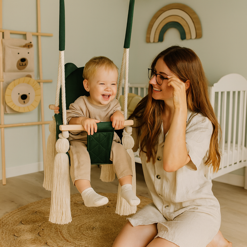 Balançoire bébé intérieur en velours vert avec harnais – vue 4