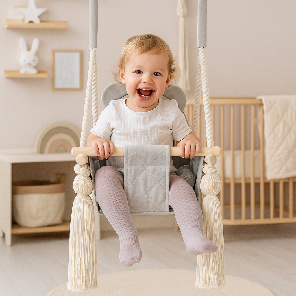 Balançoire bébé intérieur en velours gris clair avec harnais – vue 7