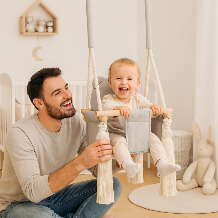 Balançoire Enfant Intérieur Gris Clair Velours Siège Berçant avec Harnais de Sécurité