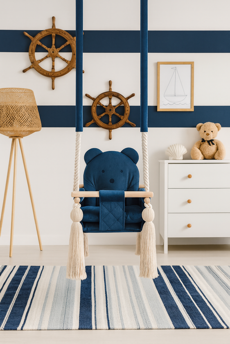 Balançoire Enfant Intérieur Bleu Foncé Velours Siège Berçant avec Harnais de Sécurité
