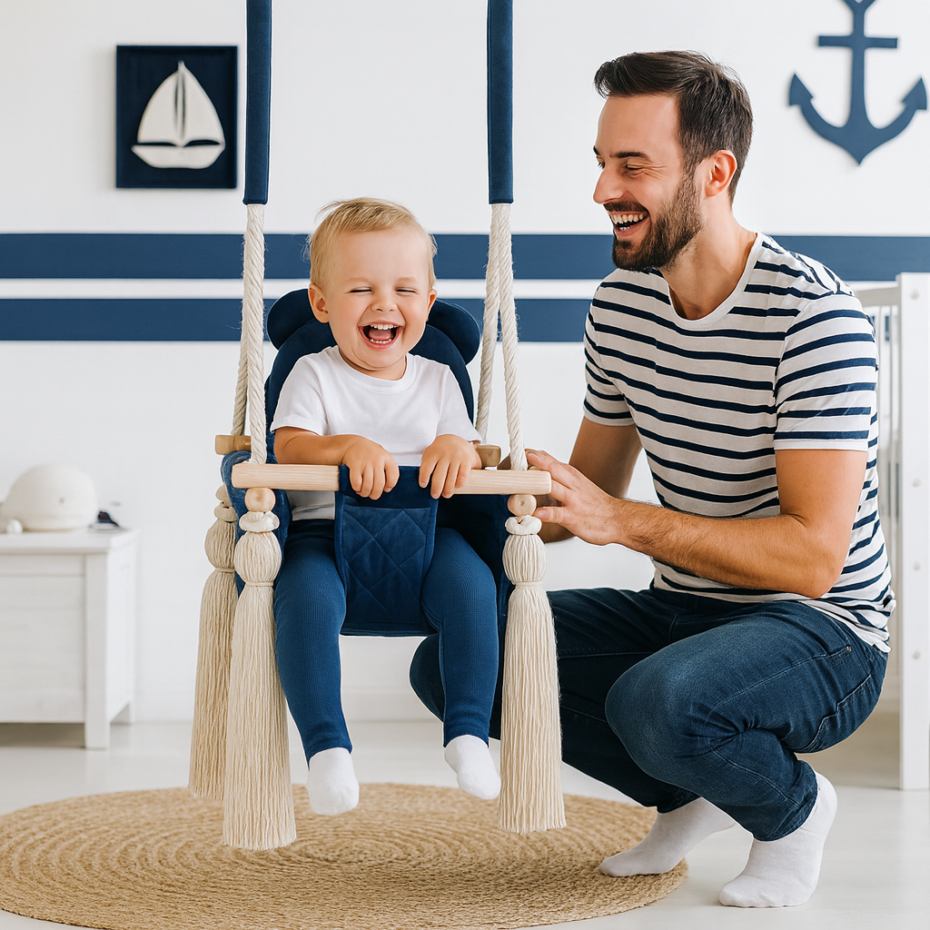 Balançoire bébé intérieur en velours bleu foncé avec harnais – vue 8