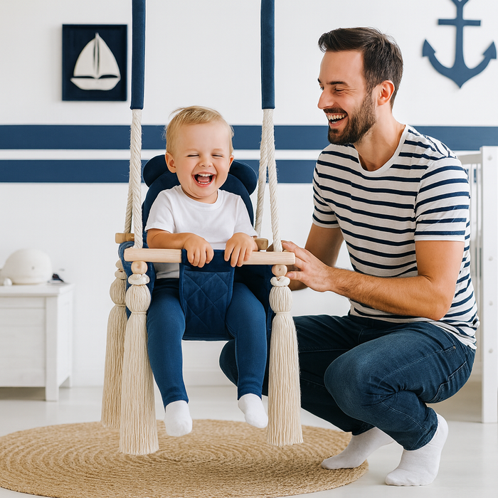 Balançoire Enfant Intérieur Bleu Foncé Velours Siège Berçant avec Harnais de Sécurité