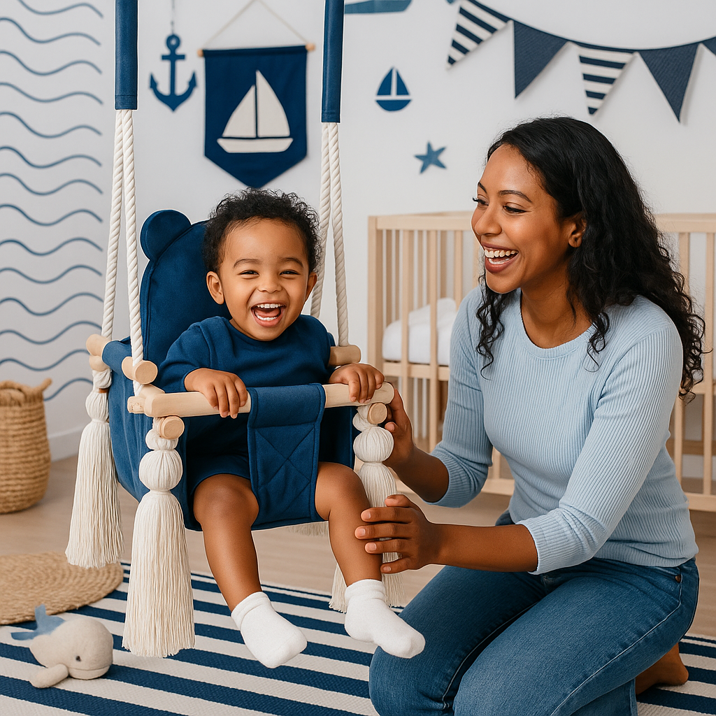 Balançoire bébé intérieur en velours bleu foncé avec harnais – vue 5