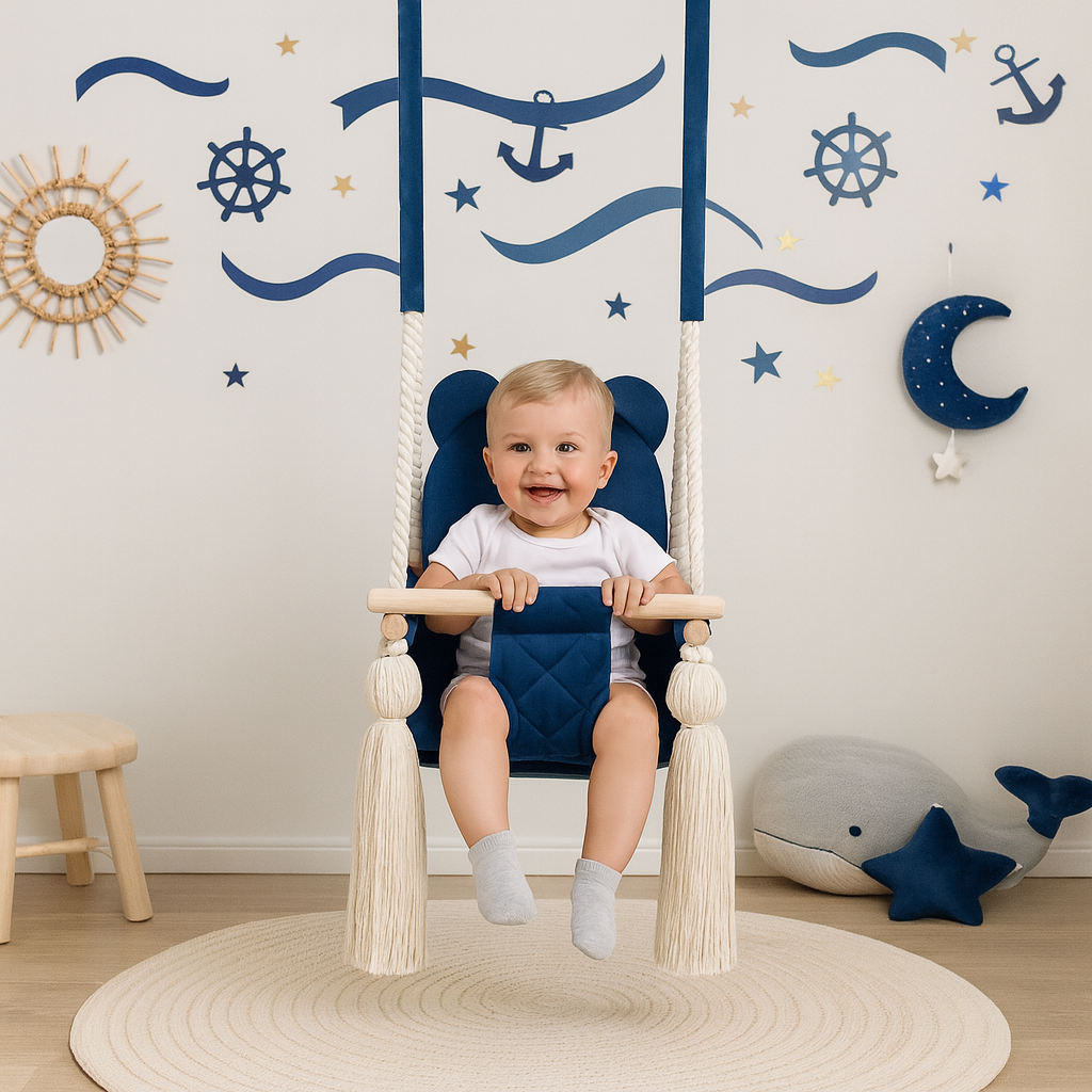 Balançoire bébé intérieur en velours bleu foncé avec harnais – vue 7