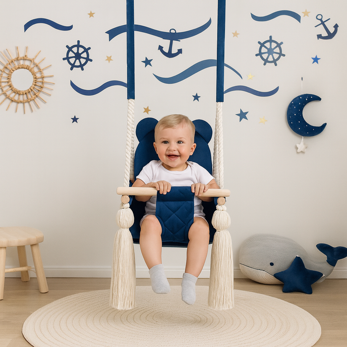Balançoire Enfant Intérieur Bleu Foncé Velours Siège Berçant avec Harnais de Sécurité